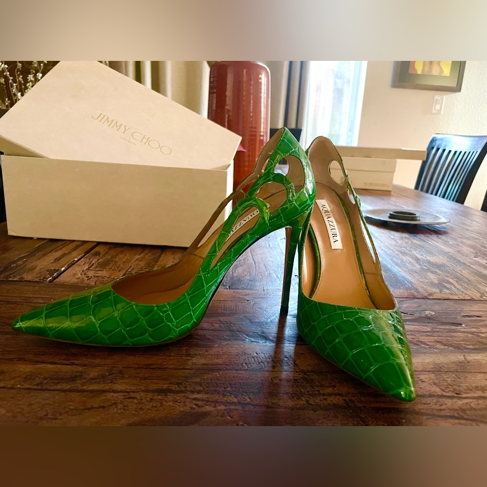 Aquazzura green lizard embossed heels